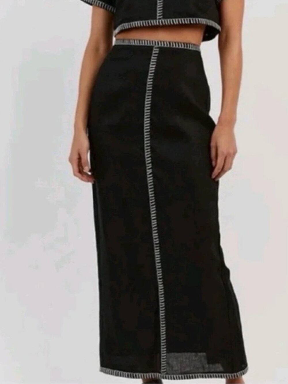 Magaschoni Black Linen Contrast Stitch Maxi Column Skirt - Size 8